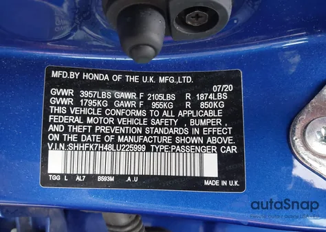 2020 Honda Civic Sport из США, поврежденный, VIN SHHFK7H48LU225999